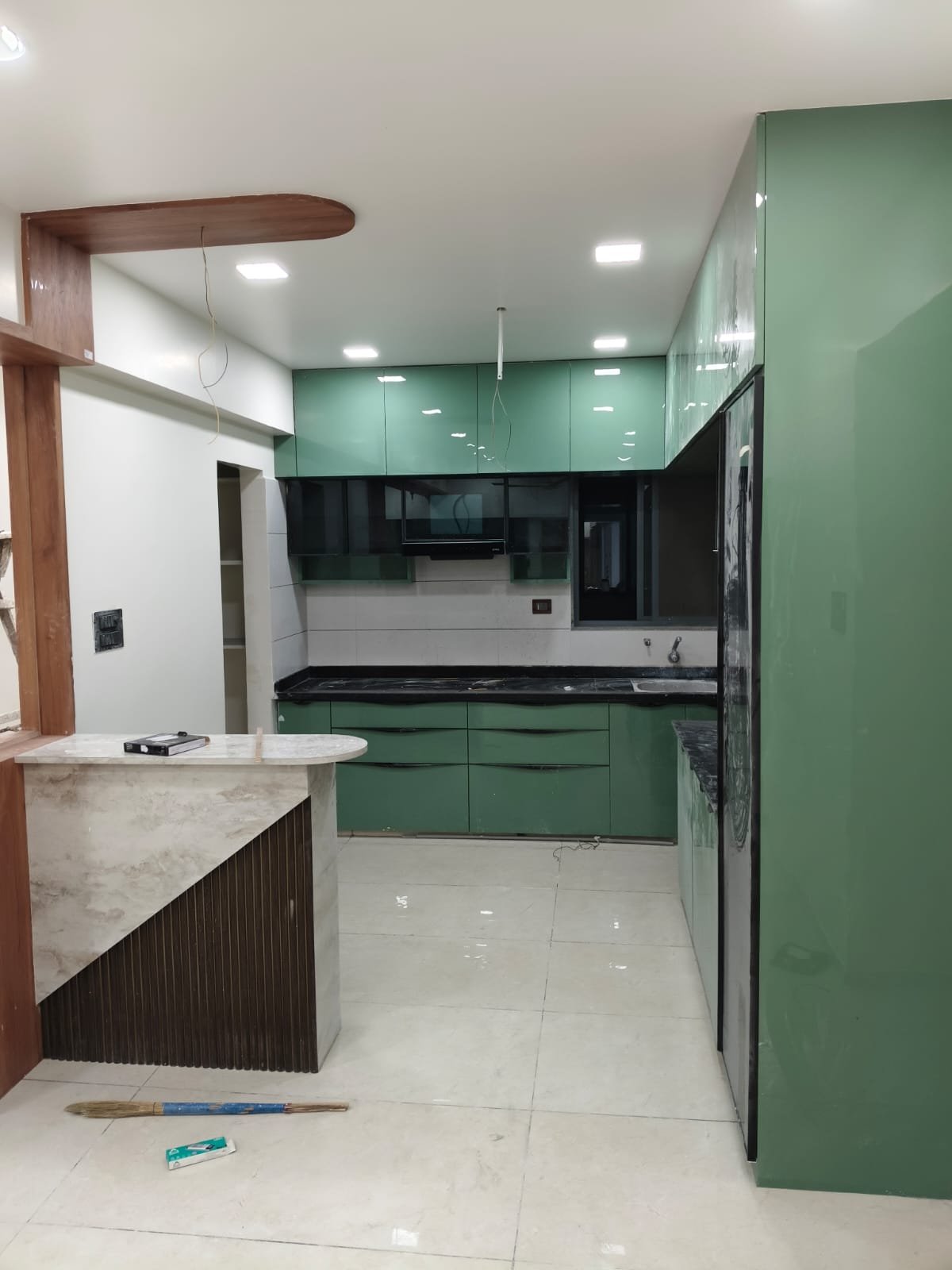 Green Glossy PVC Modular Kitchen