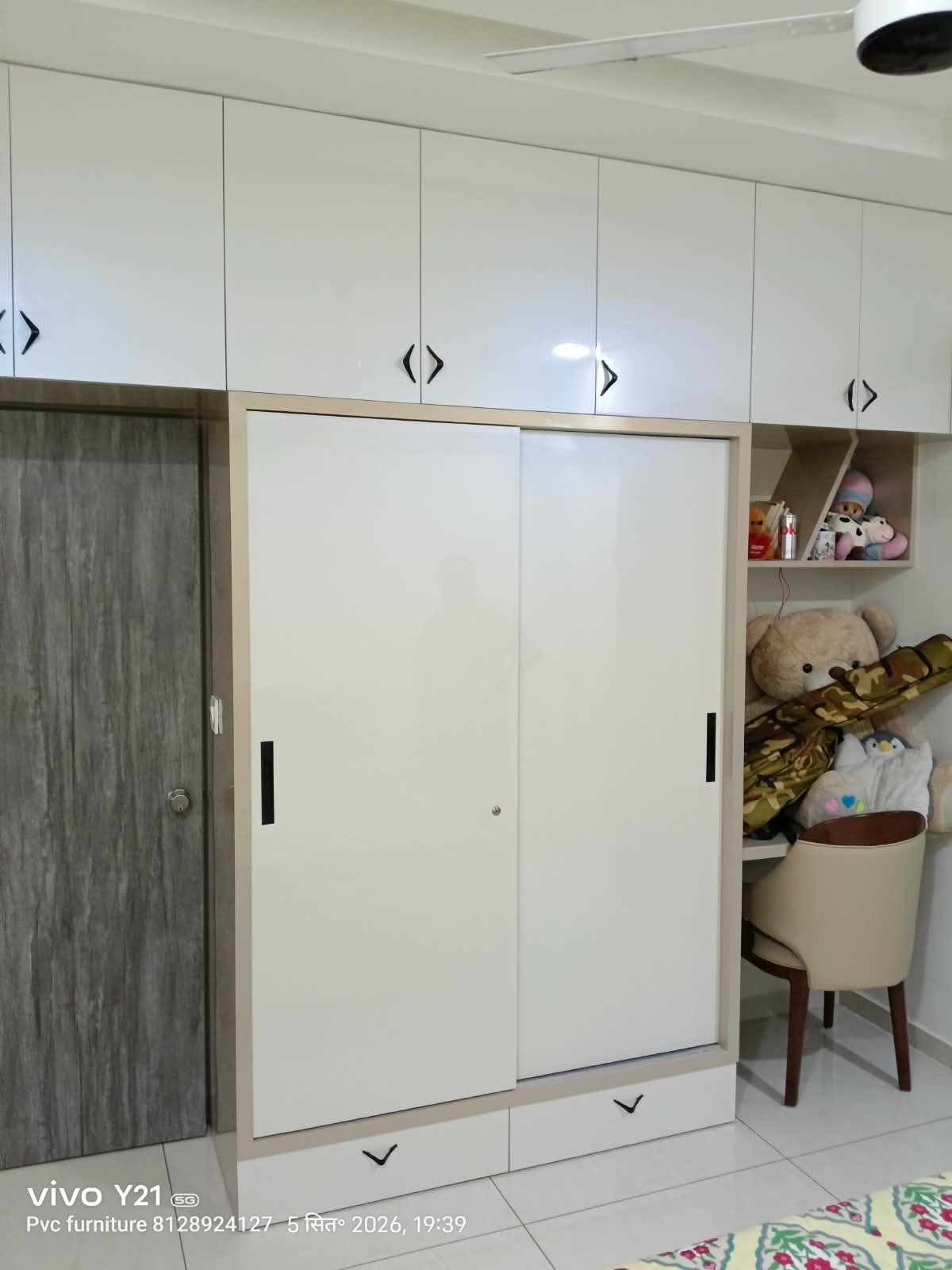 White PVC Wardrobe with Attached Study Table